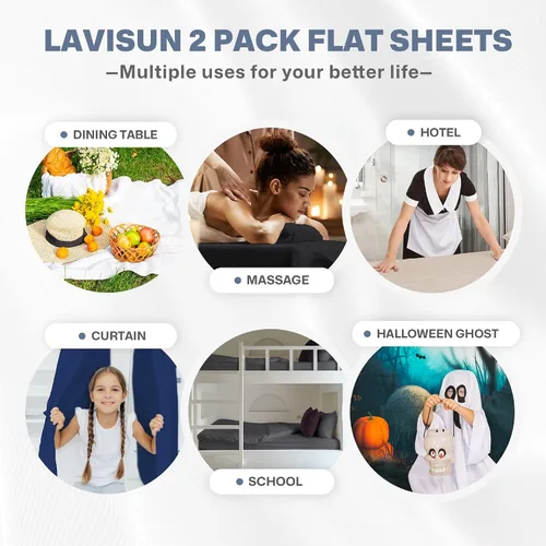 Vista 6 de Lavisun Paquete de 2 sábanas planas, sábanas planas de calidad de hotel, sábanas de microfibra cepillada, sábanas a granel para masaje, hogar, Beige