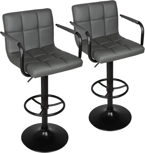 Vista 10 de Leopard Taburetes de bar ajustables con reposabrazos, respaldo cuadrado, doble costura giratoria con taburete trasero, juego de 2 (gris)