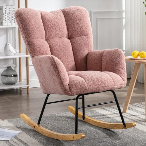 Vista 13 de Silla mecedora moderna para cuarto de bebé, silla deslizadora tapizada con respaldo alto, sillón de acento mecedor con patas de madera maciza