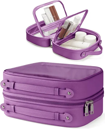 Vista 18 de Bolsa de Cosméticos Transparente de Doble Capa Bolsa de Artículos de Tocador de Viaje Estuche de Maquillaje Transparente con 4 Compartimentos, Bolsa
