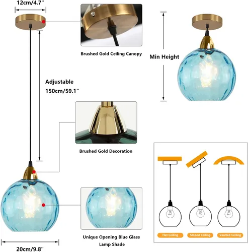 Vista 2 de BOKT Moderna Lámpara Colgante de Vidrio Azul Accesorio de Luz Latón Cepillado Dorado Globo Iluminación Colgante 1 Luz Bola Grande Redonda Lámpara