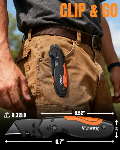 Vista 5 de Cuchillo utilitario plegable de 4 en 1, cuchillo de corte de caja multiherramienta con clip de cinturón, cuchillo de afeitar de cambio rápido