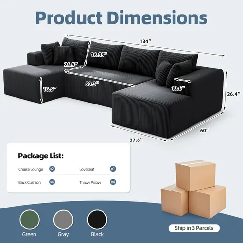 Vista 2 de Cloud Couch Sofá Seccional en Forma de U, Sofás Modulares Blandos de 134 pulgadas para Sala de Estar, Sofá de Asiento Profundo de Pana con 2 Chaise