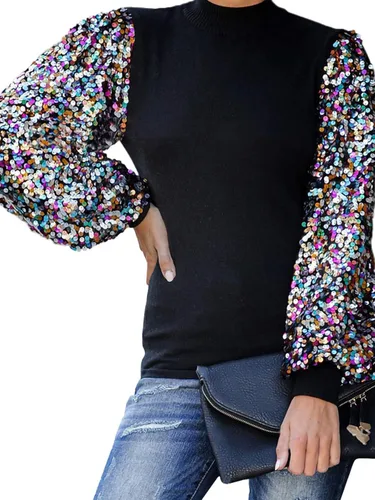Vista 4 de Anna-Kaci Sudadera de manga larga con cuello alto falso y lentejuelas para mujer