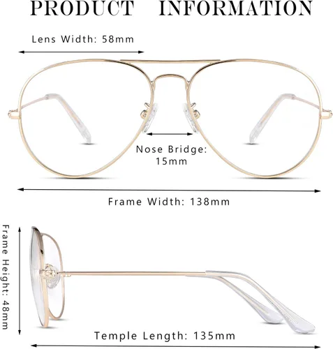 Vista 4 de AZORB Lentes clásicos de aviador transparentes para mujeres y hombres, lentes sin receta con marco de metal UV 400, lente de protección UV 2.283in