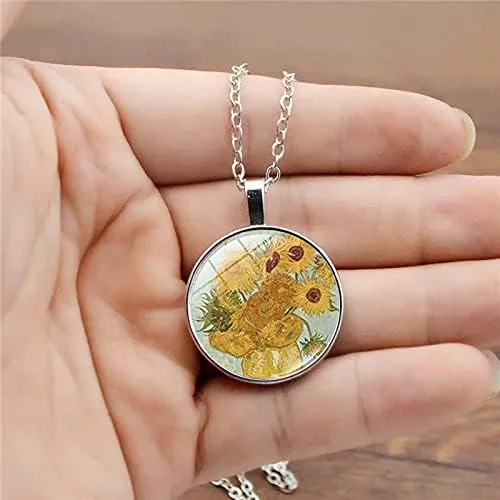Vista 2 de COLORFUL BLING Van Gogh - Juego de aretes con dije de girasol y cielo nocturno estrellado con diseño de girasol, pintura artística, aretes colgantes