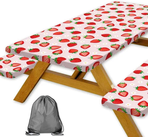 Vista 16 de Funda para Mesa de Picnic con Fundas para Bancos y Bolsa, Campista de Madera Impermeable Resistente al Viento, Cubierta de Mantel Ajustada con Borde