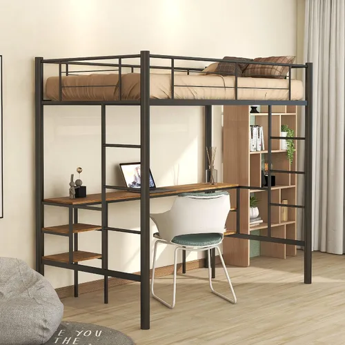 Vista 8 de MERITLINE Cama loft para juegos de tamaño matrimonial con escritorio y Negro
