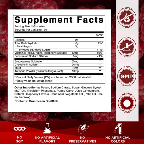 Vista 2 de Condroitina de glucosamina vitamática con MSM y vitamina E - 60 gomitas Sabor natural de frambuesa, fórmula de apoyo articular*, a base
