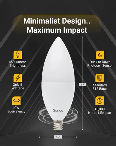 Vista 3 de Sunco - Bombillas LED B11 con sensor de luz del atardecer al amanecer, sensor de fotocélula 5W = 40W, 2700K blanco suave, 450 LM, base E12