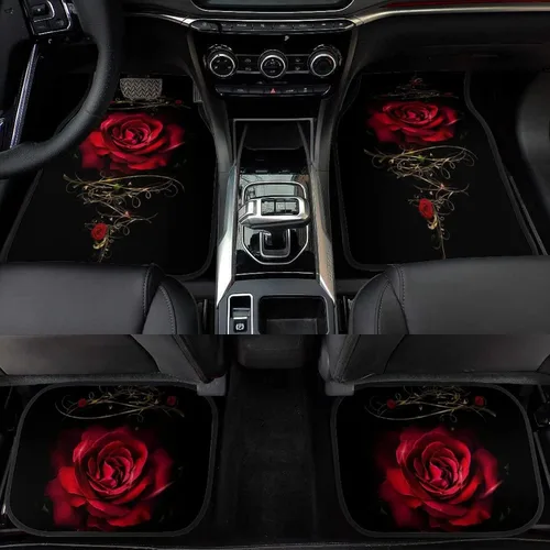 Vista 4 de Juego de 4 alfombrillas decorativas para automóvil, diseño floral de rosas rojas, diseño de flores y diseño de flores, alfombras decorativas