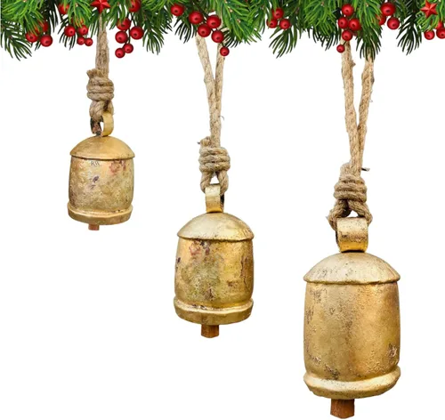 Vista 3 de Campanas de Navidad, campanas colgantes doradas para decoración de Navidad, campanas de vaca, decoración navideña para manto, juego de 3 campanas