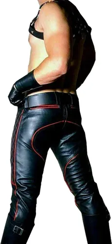 Vista 3 de Pantalones de cuero occidentales de vaquero de moda tradicional nativo americano Lederhosen Biker Pantalones de cuero para hombres