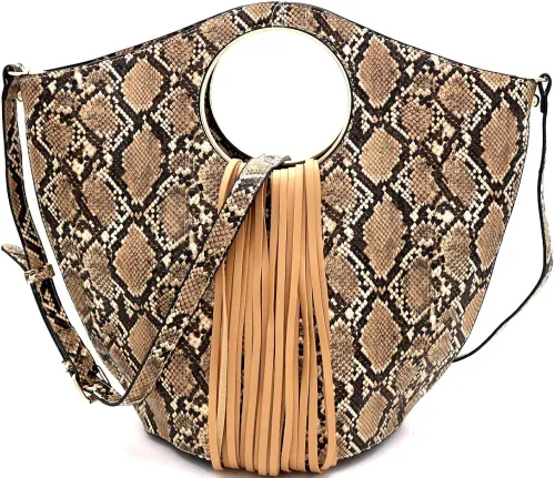 Vista 4 de Bolso bandolera con flecos de piel vegana con estampado de leopardo de serpiente