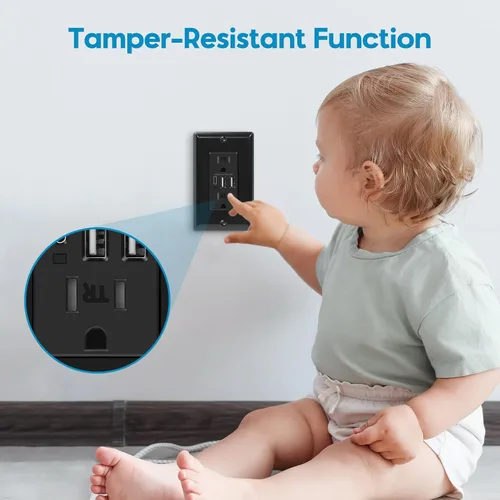Vista 6 de ECOELER Receptáculo de Tomacorriente USB Negro de 3 Puertos, Tomacorriente de Pared USB C de 6.0A 30W, Enchufe Resistente a Manipulaciones de 15