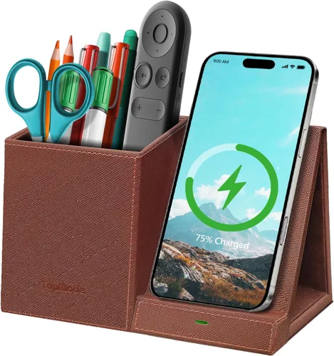 Vista 10 de TopMade Cargador inalámbrico con soporte para lápiz para bolígrafo, organizador de mesita de noche de escritorio multifuncional de cuero, estación