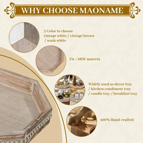 Vista 8 de MAONAME Bandeja de Madera para Servir, Bandeja de Madera Estilo Granja con Cuentas, Bandeja Octogonal para Servir Blanca Lavada, Bandeja de Mesa