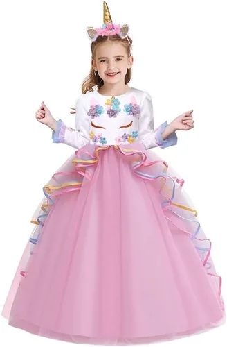 Vista 8 de Vestido de princesa de tul para niñas, disfraz de unicornio de manga larga, fiesta de cumpleaños, boda, Navidad, Halloween con diadema # Multicolor