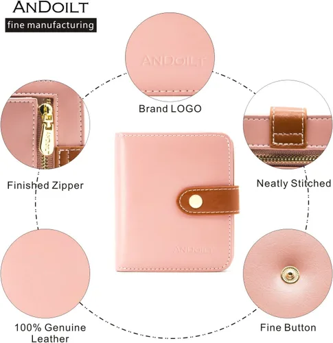 Vista 3 de Billeteras pequeñas para mujer, compactas y plegables, con bloqueo RFID, de piel auténtica, mini monedero con ventana de identificación y bolsillo