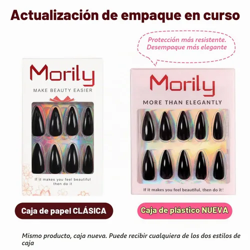 Vista 7 de morily 24 uñas postizas negras a presión, uñas postizas de aguja de longitud media, uñas postizas de almendra, uñas postizas largas acrílicas Negro