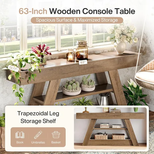 Vista 6 de Tribesigns Mesa consola de madera de 63 pulgadas con estantes de almacenamiento, mesa de sofá de entrada larga rústica detrás del sofá para sala