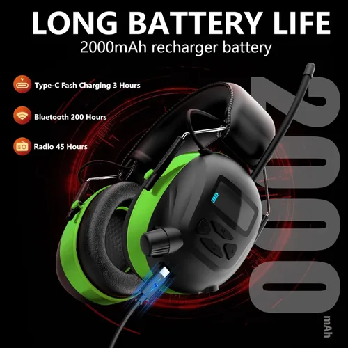 Vista 4 de Bluetooth 6.0 AM/FM Hearing Protection, Radio Headphones with Digital Display, 30 SNR Noise Reduction Safety Earmuffs with Rechargeable 2000 mAh
