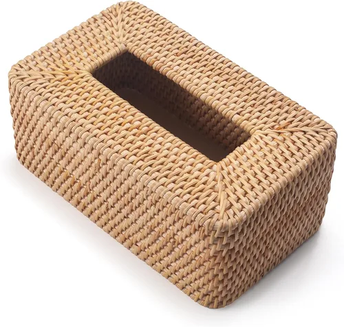 Vista 2 de Funda rectangular para caja de pañuelos de ratán, soporte rectangular de mimbre para pañuelos faciales, para baño, cocina, sala de estar, dormitorio