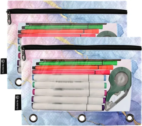Vista 2 de SHJI Bolsas para carpetas, bolsa de lápices de mármol rosa y azul para carpeta de 3 anillas, paquete de 2 bolsas transparentes con cremallera