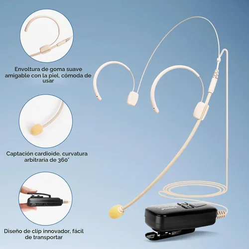 Vista 4 de Micrófono de auriculares inalámbricos, micrófono de cabeza de tono de piel de 2.4G, micrófonos de carga beige para amplificador de voz, altavoz