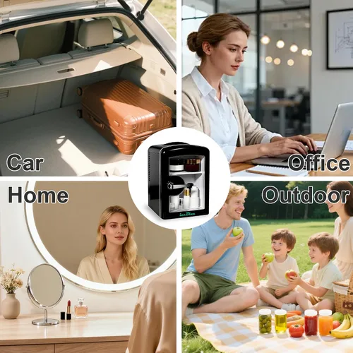 Vista 6 de Mini nevera, 4 litros/6 latas de cuidado de la piel con ventana de visualización (negro) Compact Mini Makeup Fridge for Beauty & Beverages
