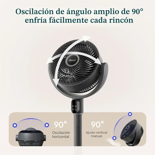 Vista 8 de LEVOIT Ventilador de pie para dormitorio, ventilador de pedestal oscilante de 90°, silencioso de 20 dB para dormir, flujo de aire de 1024 CFM