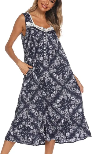 Vista 4 de AVIIER - Camisones de algodón para mujer, sin mangas, vestido largo con bolsillos para estar en casa, S-XXL
