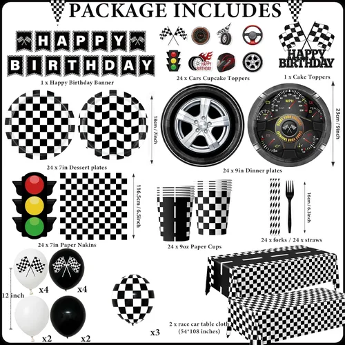Vista 5 de Juego de vajilla de 187 piezas para decoración de fiesta de cumpleaños de coche de carreras, incluye platos de fiesta de autos de carreras