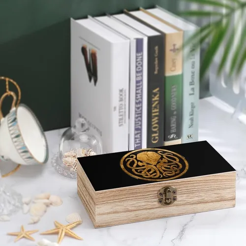 Vista 4 de Cthulhu - Caja de almacenamiento de madera organizadora con tapa con bisagras y cierre frontal para decoración del hogar
