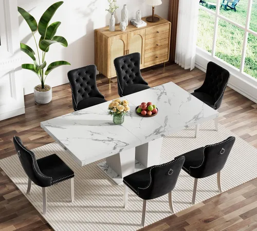 Vista 112 de Juego de mesa de comedor extensible marrón de 63 a 78.74 pulgadas para 4, juego de mesa de comedor de 5 piezas con 4 sillas, mesa de cocina