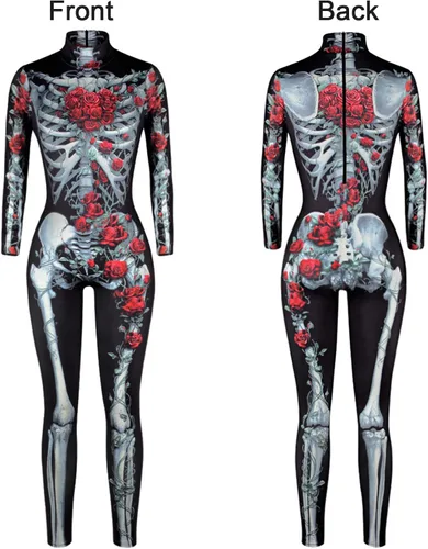 Vista 5 de Disfraz de Halloween para mujer, overol de esqueleto con estampado 3D de hueso de calavera para mujer, overol de esqueleto