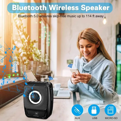Vista 5 de Amplificador de voz con micrófonos profesionales duales, micrófono portátil inalámbrico de 25 W y sistema de altavoces, altavoz Bluetooth