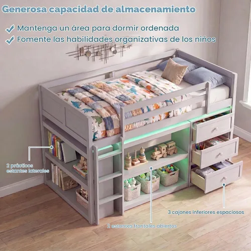Vista 6 de KOMFOTT Twin Low Loft Bed with LED Lights, Modern Loft Bed (Grey)
