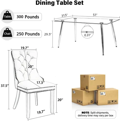Vista 2 de Baysitone Juego de mesa de comedor de cristal de 51 pulgadas para 4, juego de 5 piezas de comedor moderno, mesa de cocina rectangular de vidrio