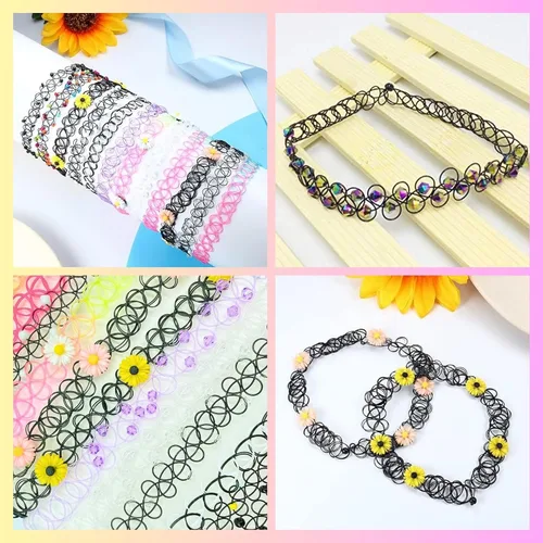 Vista 3 de BodyJ4You 12PC Tattoo Choker Necklace for Women - 90s Choker Necklaces Y2K Fashion Trendy Vintage - Emo Black Choker Rainbow Pink White Purple Neon
