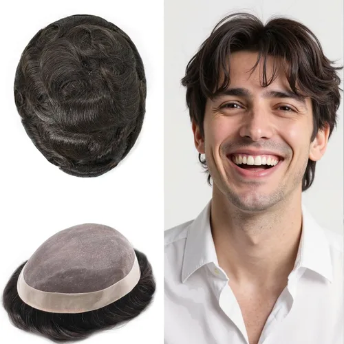 Vista 28 de Toupee de cabello humano fino mono revestido de poliéster para hombre, postizo de monofilamento duradero NPU monofilamento tupé para hombres