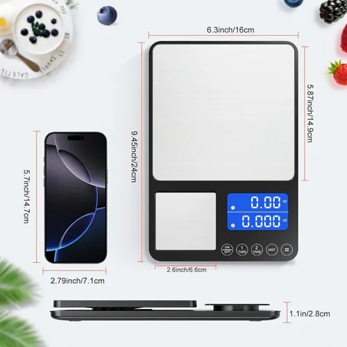 Vista 9 de KUAIVO Báscula de cocina de doble plataforma de 0.001 onzas / 33 libras, báscula digital de alimentos con dos superficies de precisión, pantalla