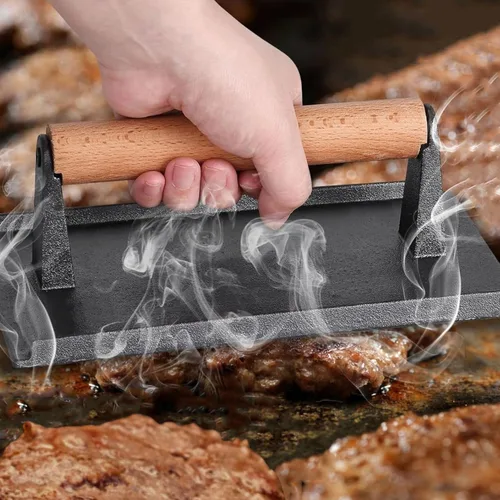 Vista 5 de onlyfire Prensa para carne de hierro fundido con mango de madera, ideal para exprimir la grasa de carnes, aplanar tocino, paninis y hamburguesas