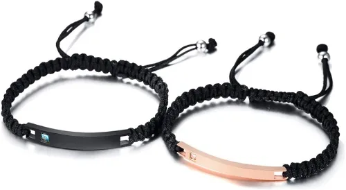 Vista 3 de XUANPAI Pulseras para parejas, personalizadas, hechas a mano, con cuerda trenzada, placa de identificación para mujeres y hombres, Metal, no conocido