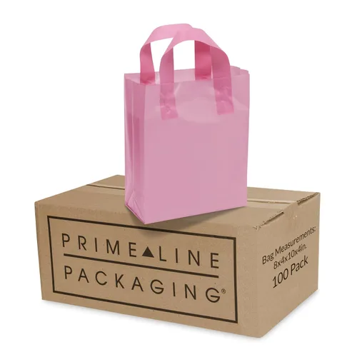 Vista 11 de Prime Line Packaging Bolsas de regalo rosadas, bolsas de tote de plástico esmerilado con asas para pequeñas empresas, golosinas, compras, cumpleaños