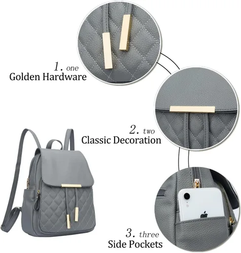 Vista 5 de KKXIU Mochila acolchada de cuero de moda para mujeres, adolescentes, niñas, damas, bolsas de viaje, Gris