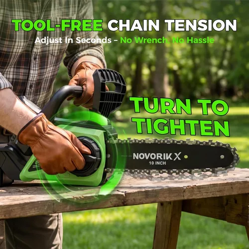 Vista 6 de NovorikX Motosierra inalámbrica de 20 V, motosierra eléctrica de 10 pulgadas con batería de 4.0 Ah y cargador, engrasador automático, tensión