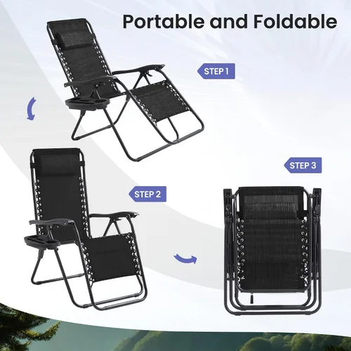 Vista 7 de Zero Gravity - Juego de 2 sillas reclinables plegables de gran tamaño, acolchadas antigravedad con almohada ajustable y portavasos para campamento