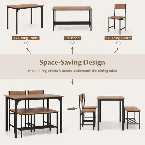 Vista 4 de COSTWAY Dining Table Set for 4, Space-Saving Dining Room Table with Bench and 2 Chairs, Storage Rack & Anti-Slip Foot Pads, Industrial Kitchen Table