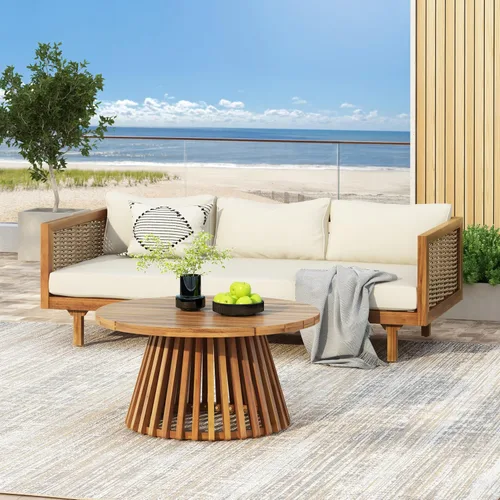 Vista 8 de Merax - Mesa de café redonda de madera de acacia para patio al aire libre, para jardín, balcón, acabado gris